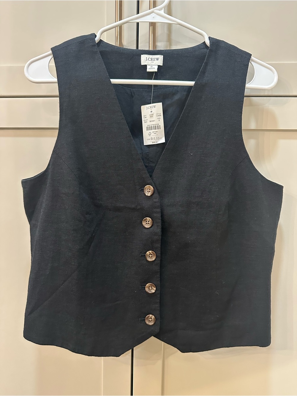 J. Crew Black Button-Front Linen Blend Vest- Womens 8